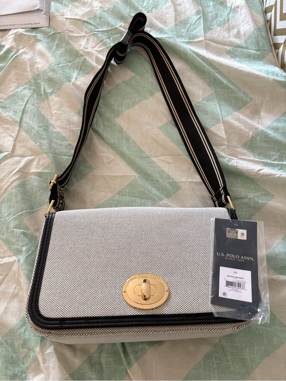 U.S. Polo Assn. White Crossbody Bag with Black Trim and Gold Hardware